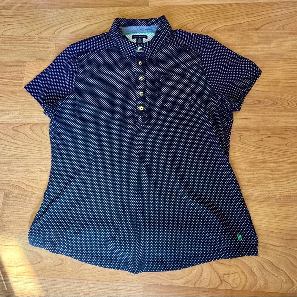 Tommy Hilfiger Women’s Navy Polka Dot Pattern Short Sleeve Collared Polo Size XL - Picture 2 of 7